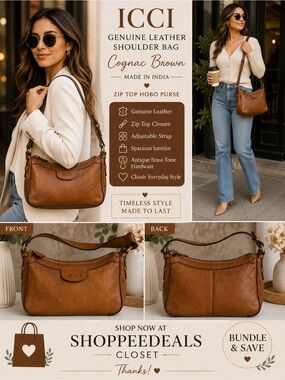 ICCI Genuine Leather Shoulder Bag – Cognac Brown – Made in India – Zip Top Hobo